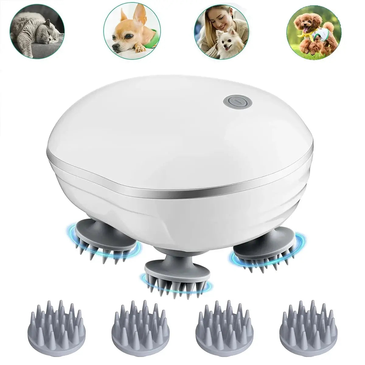 Simples Market 2-in-1 electric scalp cleaner and pet massager with four rotating brush heads, white, rechargeable