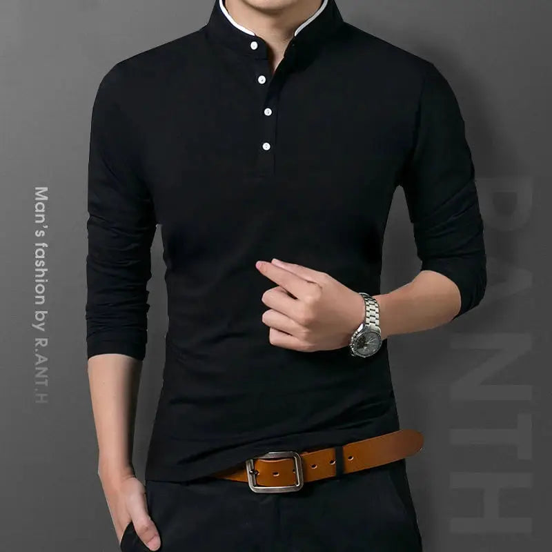 Men's black long-sleeve polo shirt by Simples Market with mandarin collar and white-button placket