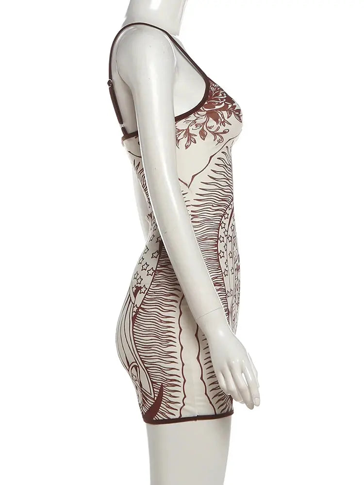 Nibber High Elasticity Art Print Sleeveless Bodycon Mini Dress Summer