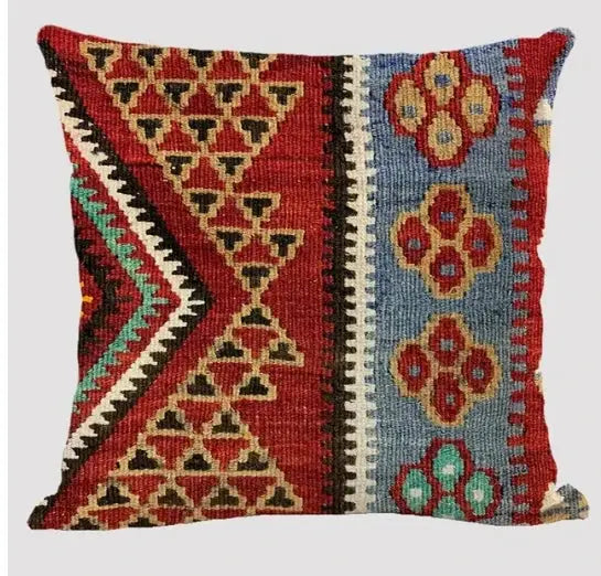 Linen cushion cover with multicolor Bohemian geometric print by Simples Market.