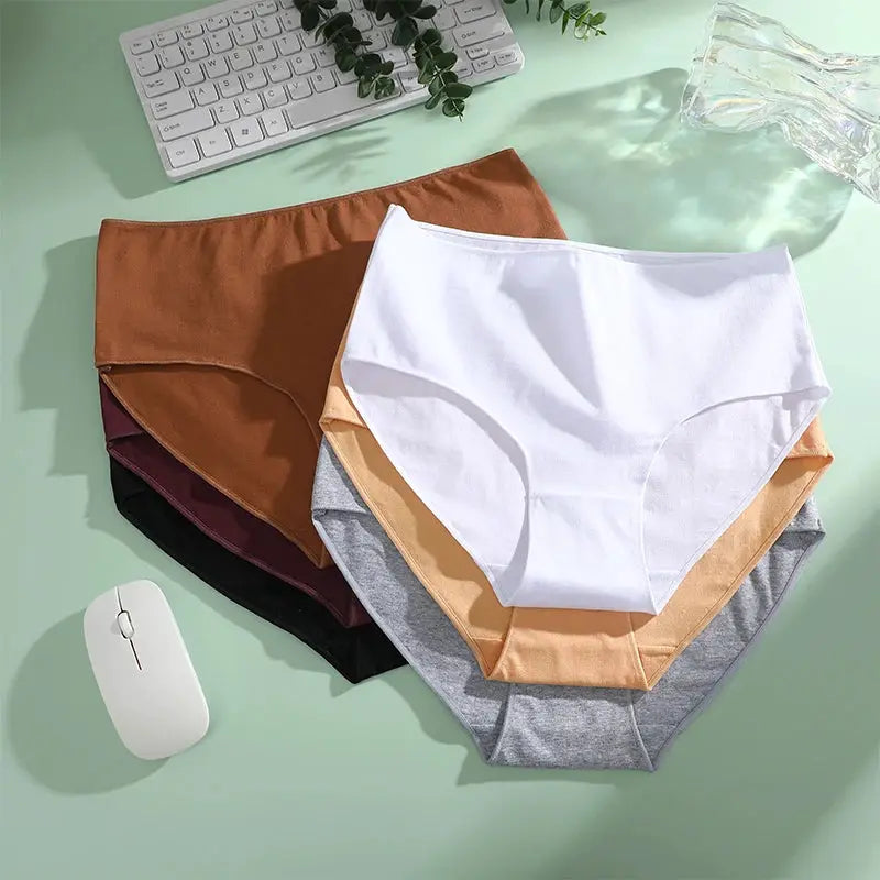 4-pack women's high-waist cotton panties, seamless breathable underwear in assorted colors, plus size S-2XL