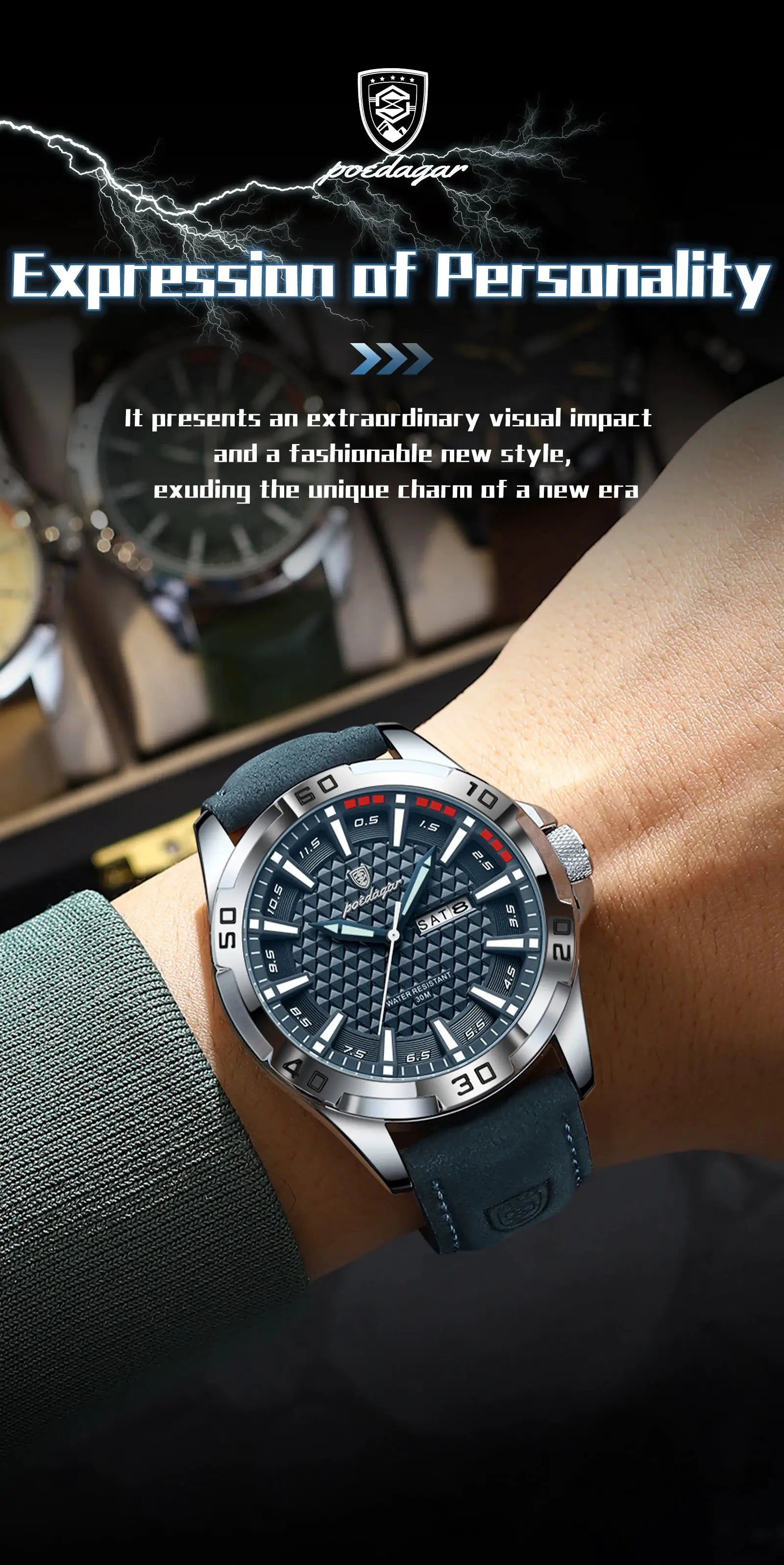 POEDAGAR men's wristwatch with blue leather strap, textured blue dial, luminous hands, day-date display.