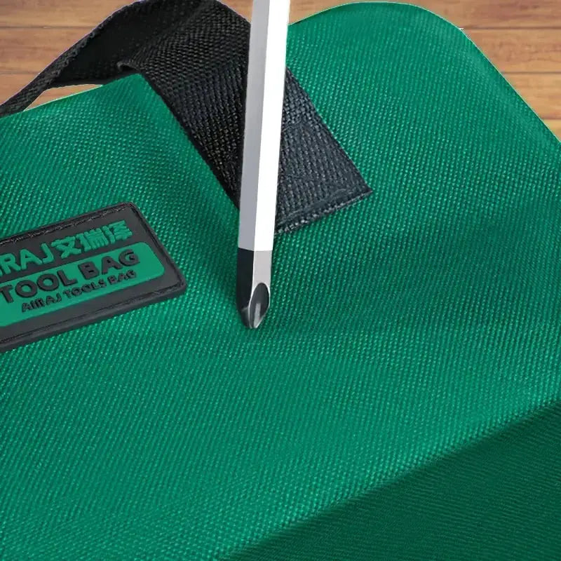 AirAJ electrician tool bag in green Oxford fabric with black strap for portable storage.