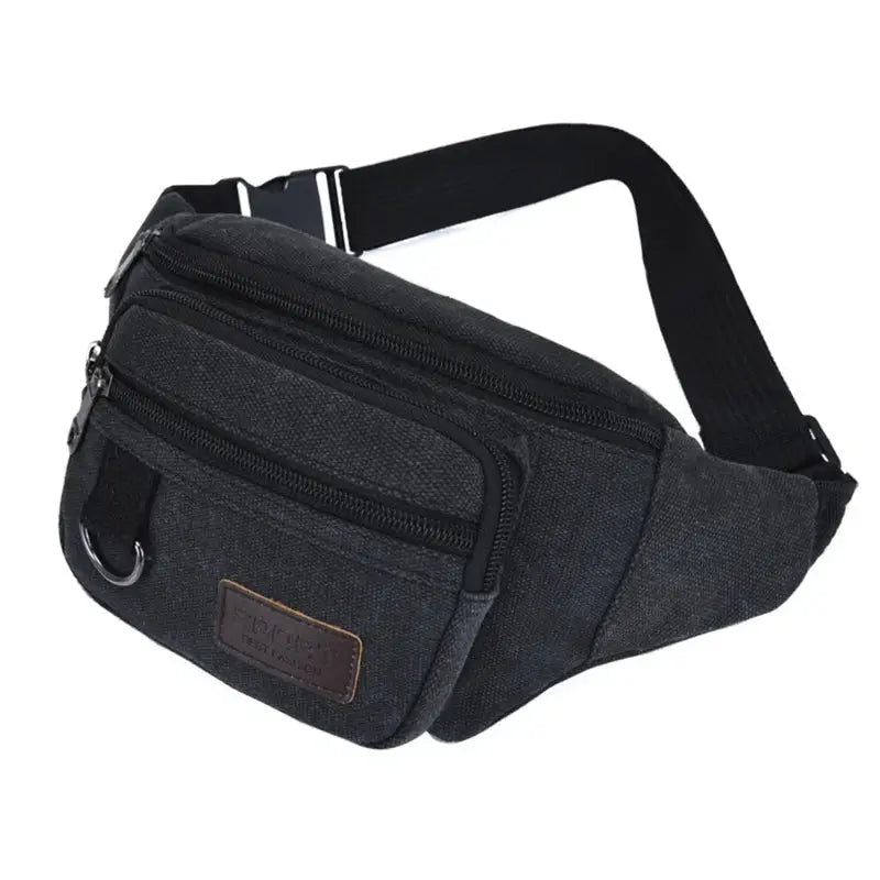 Chest bag waist pack in black canvas with multiple zip pockets and adjustable strap by Simples Market