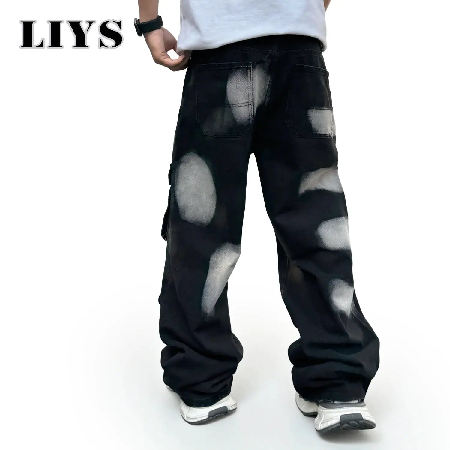 Jeans by LIYS: black straight-leg workwear denim with multiple pockets and paint-splatter patches