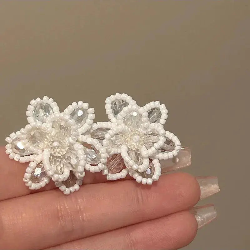 Sweet Crystal Pearl Flower Earrings, white beaded petals with clear zircon accents, women's stud jewelry.