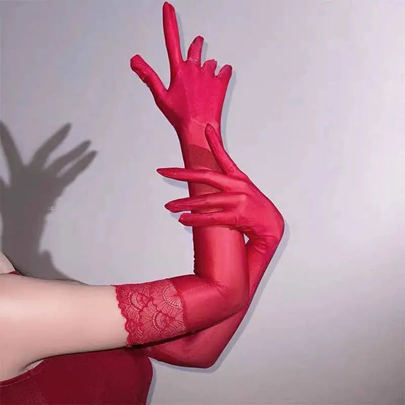 Oil Slick Shine Ultra Thin Women Elbow Length Transparent Glossy Gloves Elastic Fit Clubwear