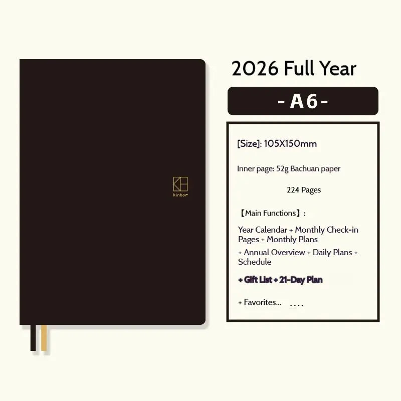 Kinbor dark brown A6 notebook planner with Kinbor logo on cover and two ribbon bookmarks