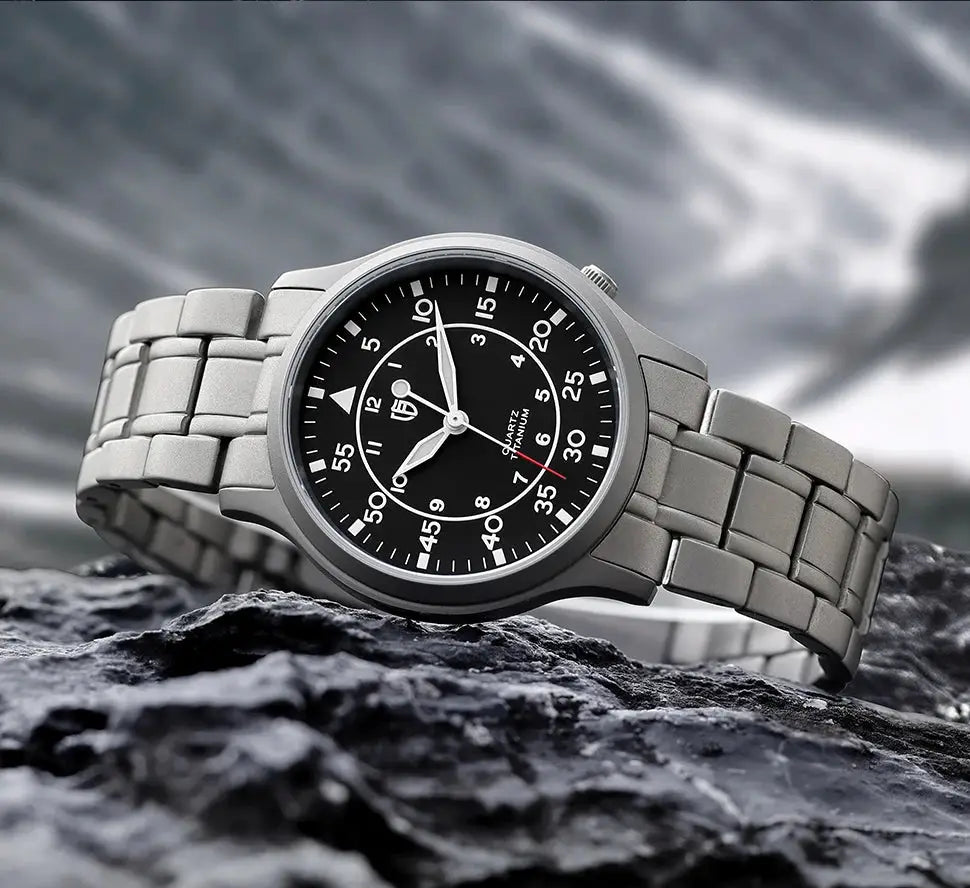 BERNY titanium watch for men with black dial and silver metal bracelet