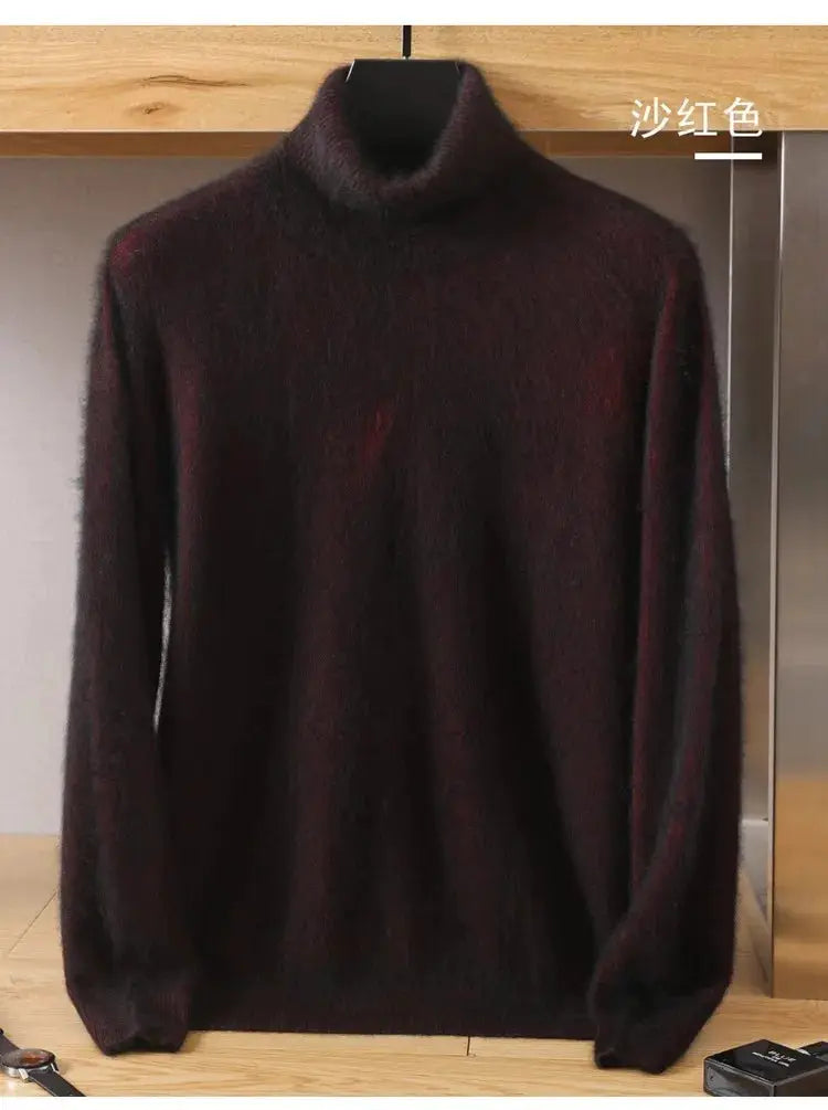 Men's burgundy mink-velvet cashmere sweater, fuzzy knit, high-neck stand collar, long sleeves