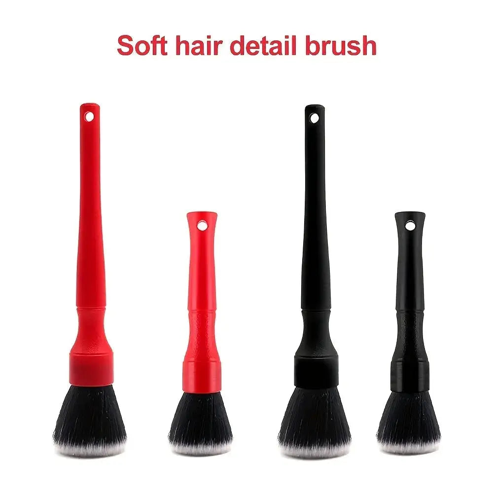 Car detailing brush set with four ultra-soft brushes, red and black handles, synthetic bristles for dashboard dusting.