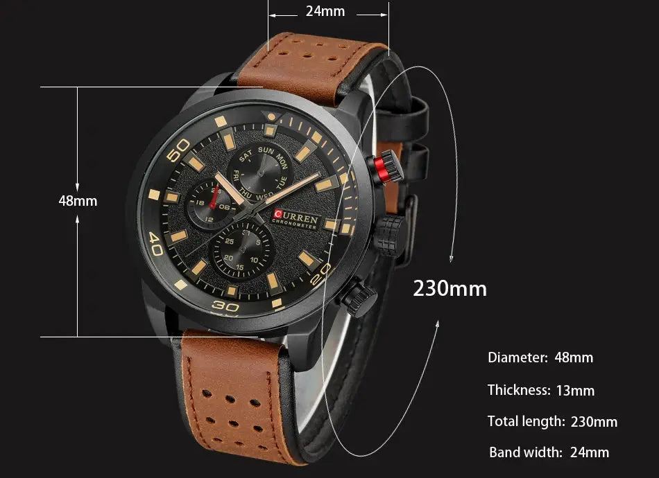 CURREN 8250 men's waterproof casual three-hand wristwatch with brown leather strap and black dial