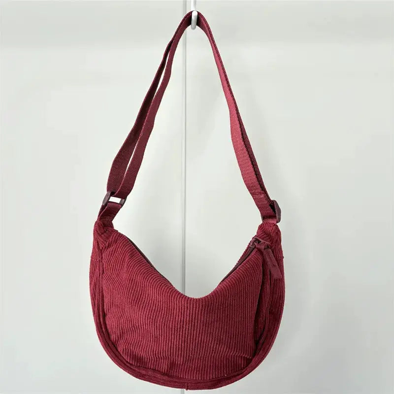 Corduroy women's hobo shoulder bag in burgundy, casual crossbody style