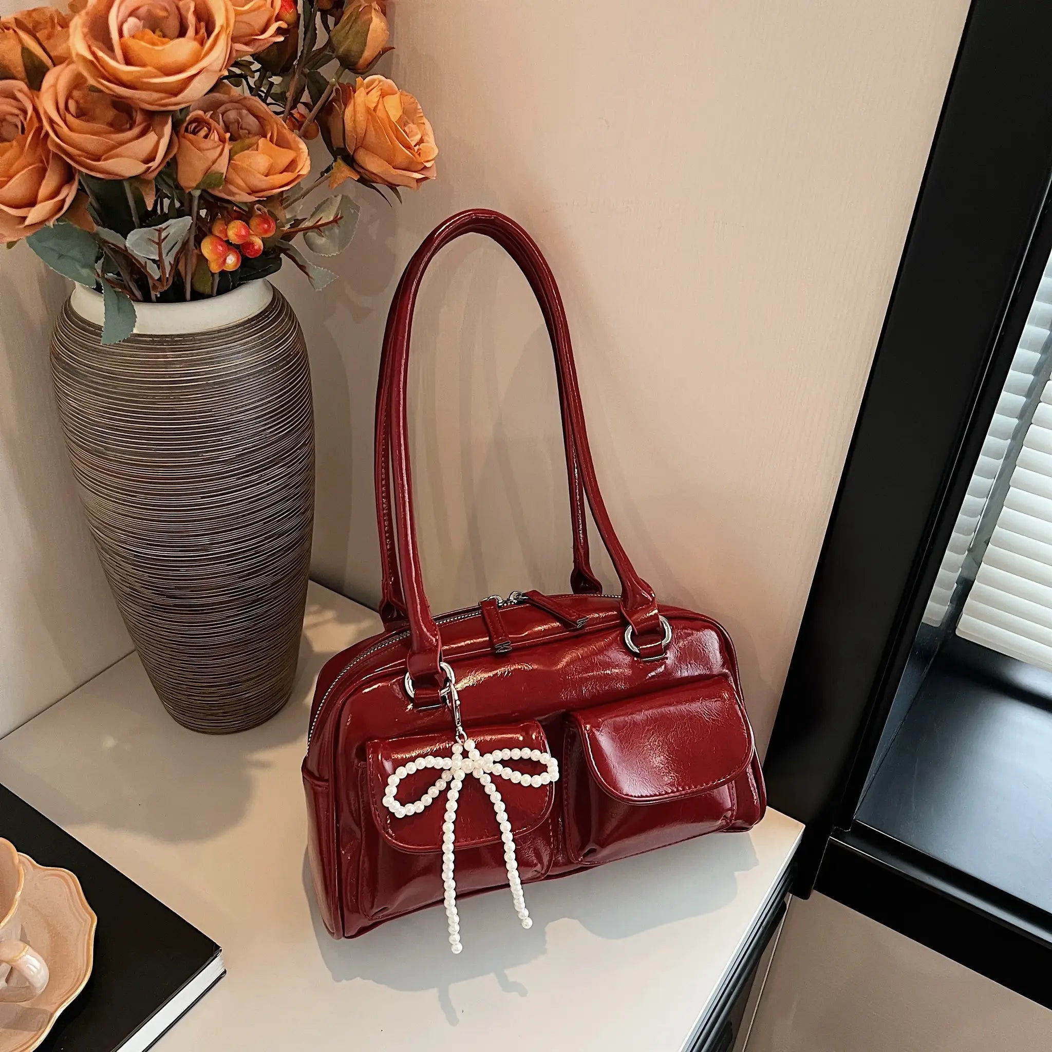 Korean Edition Underarm Bow Pillow Bag For Women PU Leather Shoulder Bag With Comfortable Pillow Shaped Design
