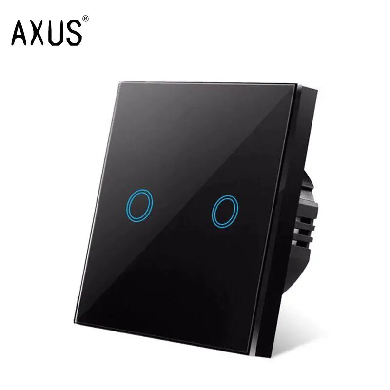 AXUS black tempered glass touch switch, 2-gang wall plate with blue LED backlight