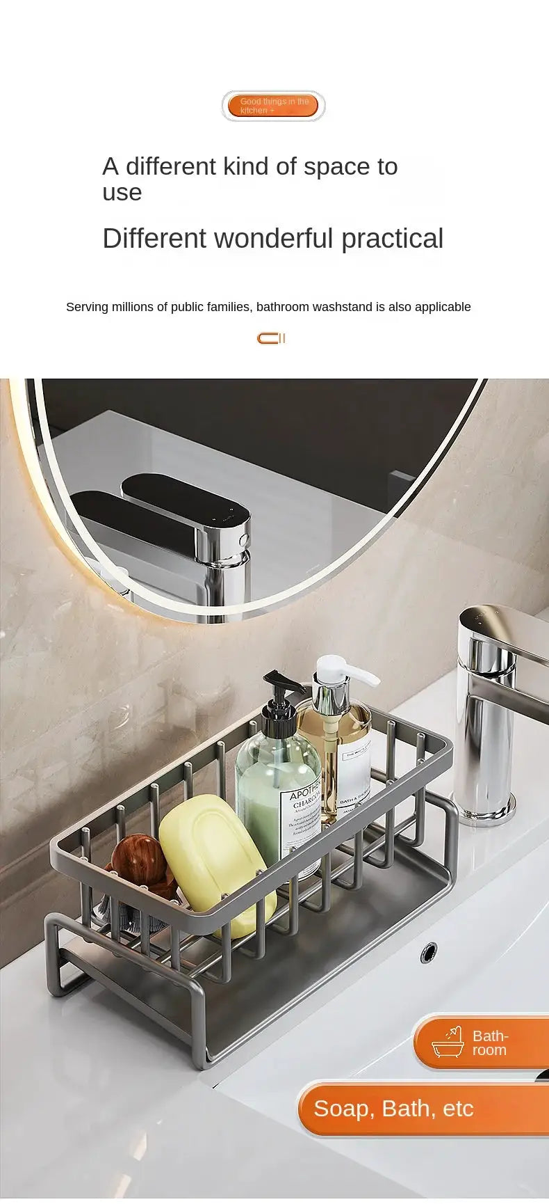 Stainless steel kitchen drain rack for sink, holds sponges and dish soap bottles