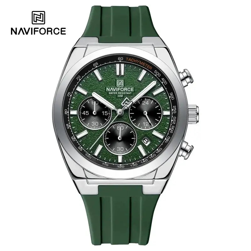 Naviforce men's chronograph watch with green textured dial, stainless steel case and green silicone strap