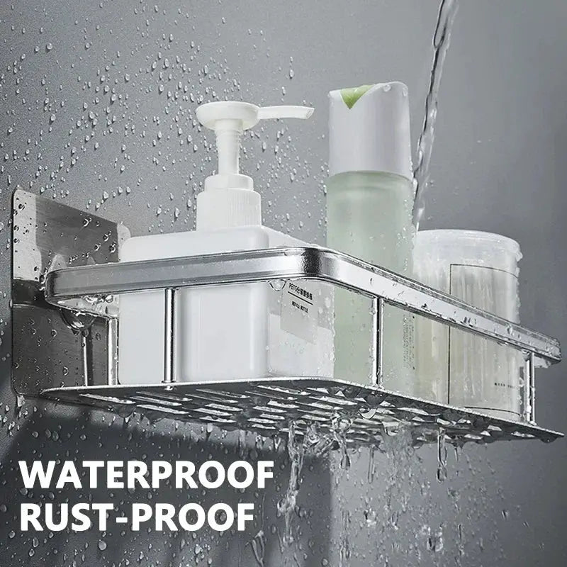 Chrome bathroom corner shelf wall-mount rack with pump bottle and toiletries; waterproof and rust-proof