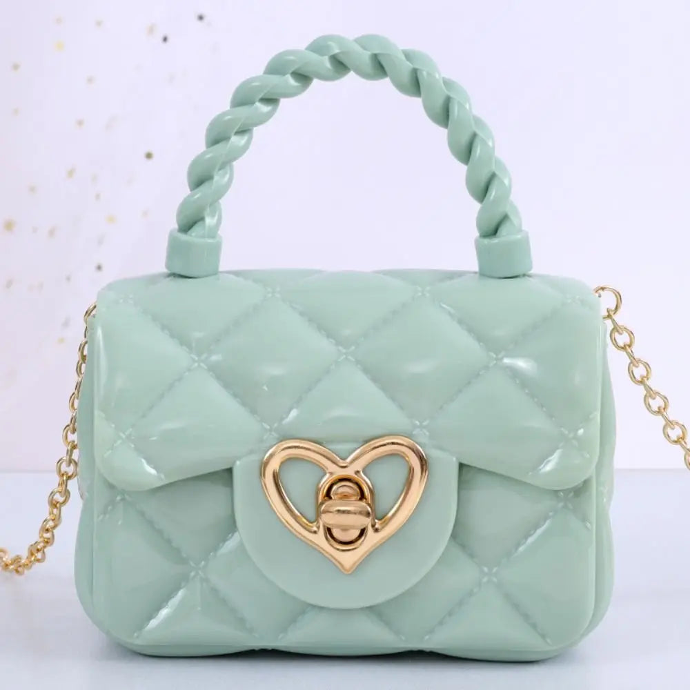 Kids PU leather crossbody bag mint green with quilted diamonds and heart-shaped gold clasp