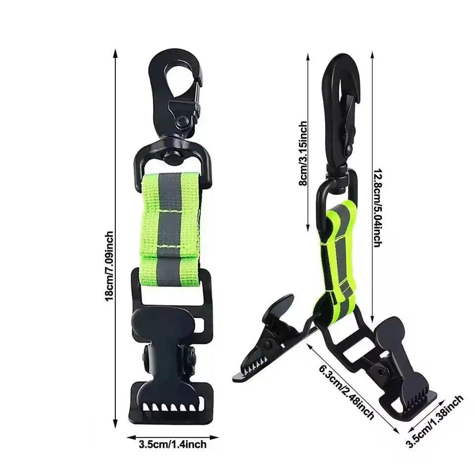 Glove strap universal hanger for firefighter gloves by Simples Market; lime-green safety strap with black clamps