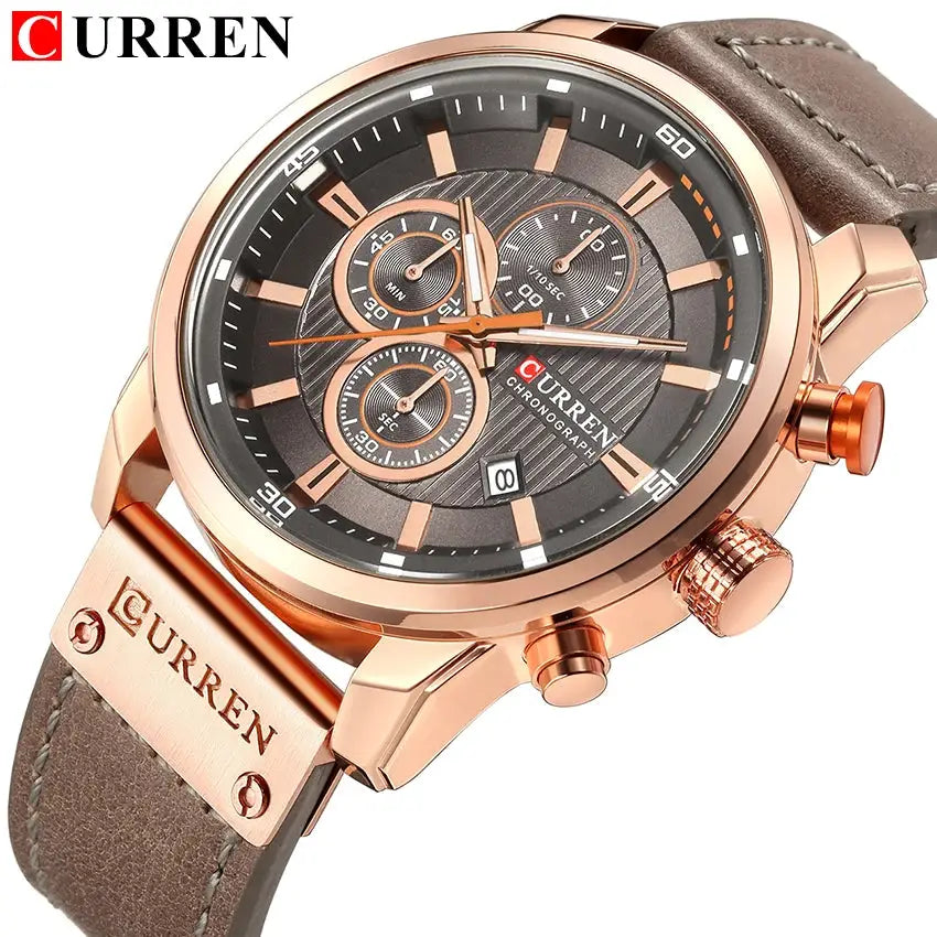 CURREN 8291 men's rose-gold chronograph watch with brown leather strap and three subdials