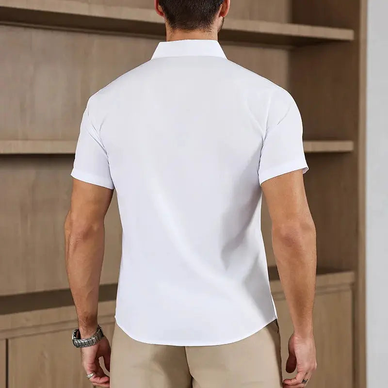 Men's white short-sleeve business casual shirt, back view; no-iron, versatile summer top
