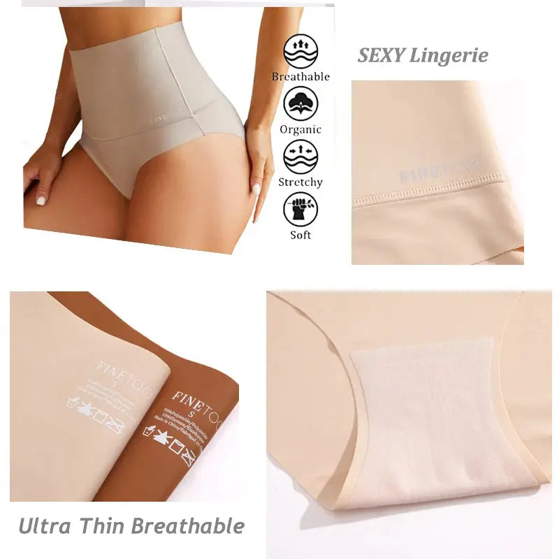Beige women's high-waist seamless shapewear briefs with breathable ice-silk fabric and elastic butt-lifter