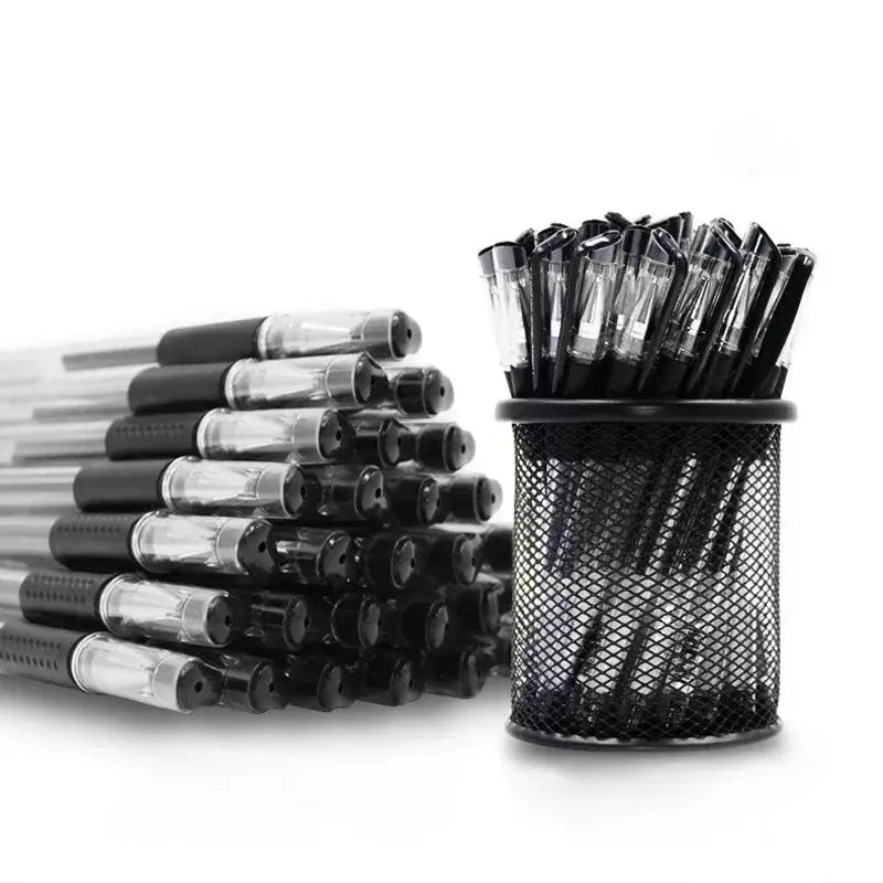 Simples Market gel pen set (25/35 pcs) in black/blue/red ink, 0.5mm; displayed in a black mesh pen holder.