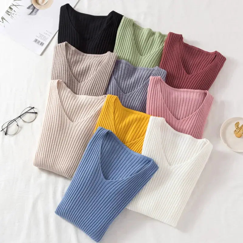 CozyWear Autumn Winter Women Knit V Neck Pullover Sweater Cotton Polyester Blend With High Stretch