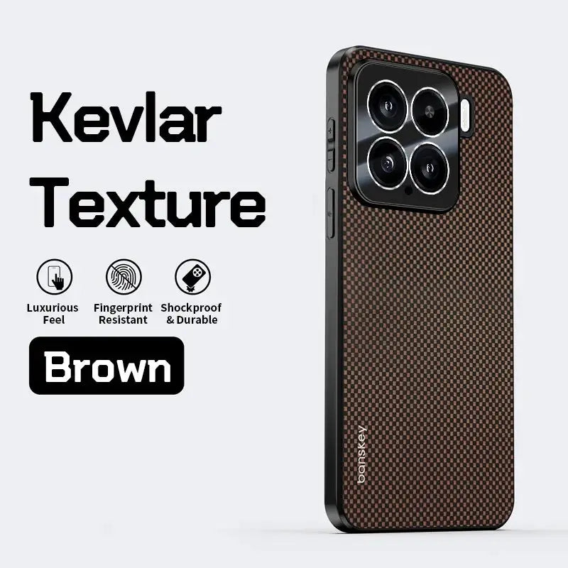 Phone case with brown Kevlar-texture carbon fiber for Xiaomi Mi 15T/14T Pro/17 Pro Max, shockproof camera bumper