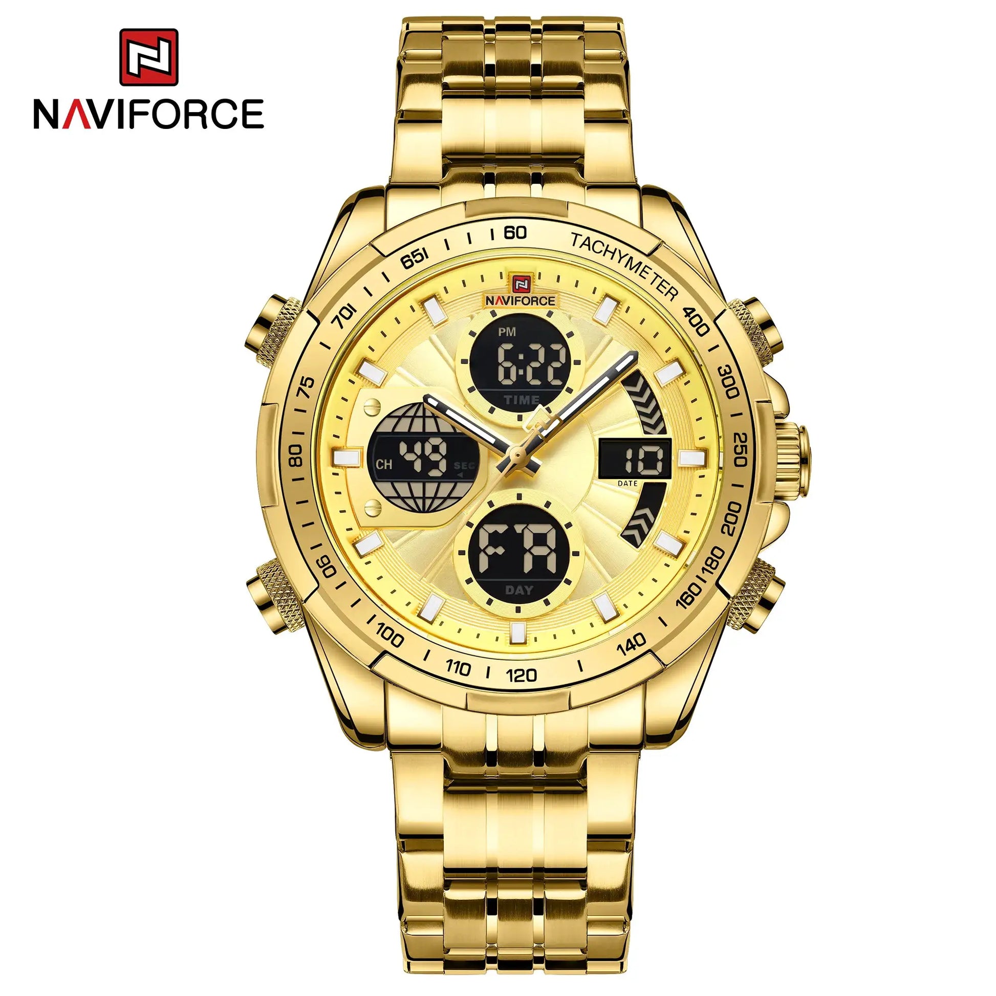 Gold-tone NAVIFORCE men's wristwatch with metal bracelet; analog-digital chronograph and tachymeter bezel.