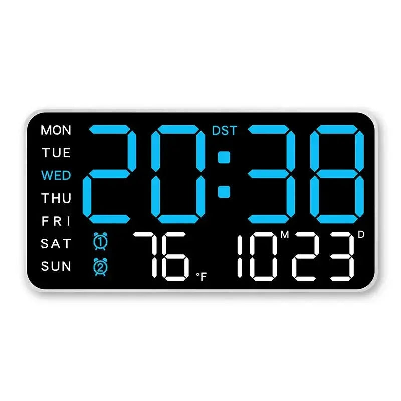 Mirror-brushed finish digital wall clock with blue LED time display, silent operation, day indicators and temp readout