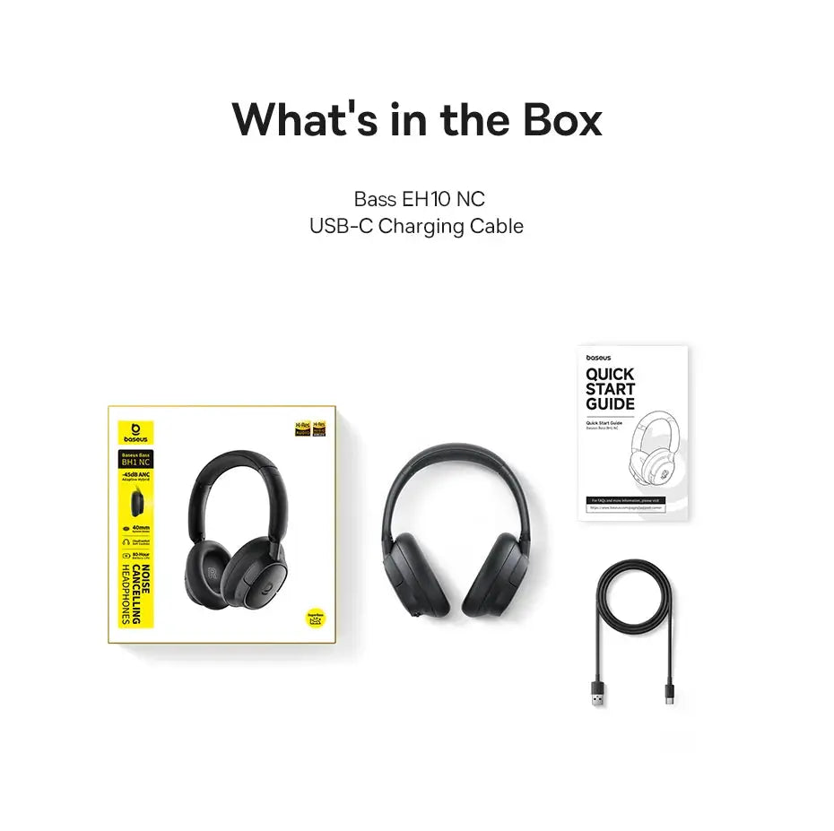 Baseus EH10 NC wireless headphones in black with box, USB-C charging cable and quick start guide (4 items)