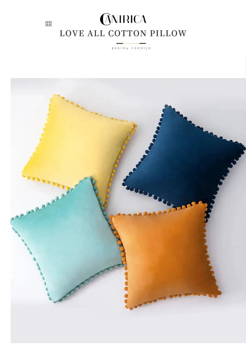 Simples Market velvet cushion covers set of four with tassel fringe in yellow, teal, light blue, and orange