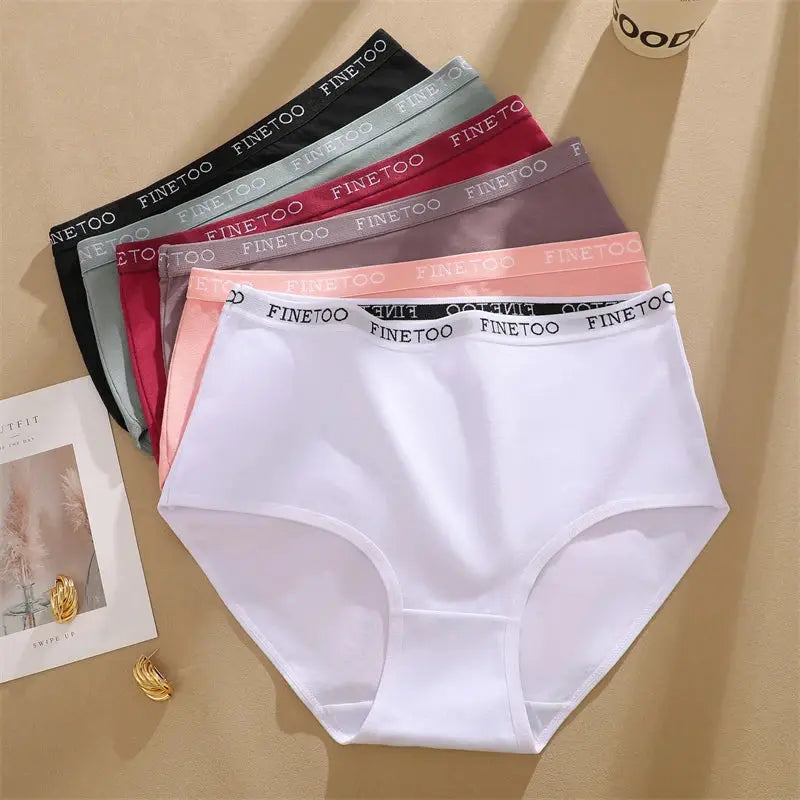 Six women's high-waist cotton briefs in assorted colors with FINETOO waistband