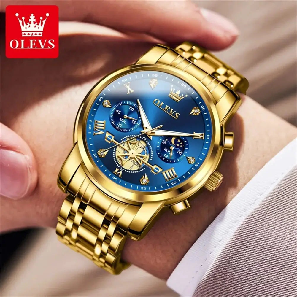 OLEVS gold-tone men's wristwatch with blue dial, Roman numerals, moon-phase display, and metal bracelet.
