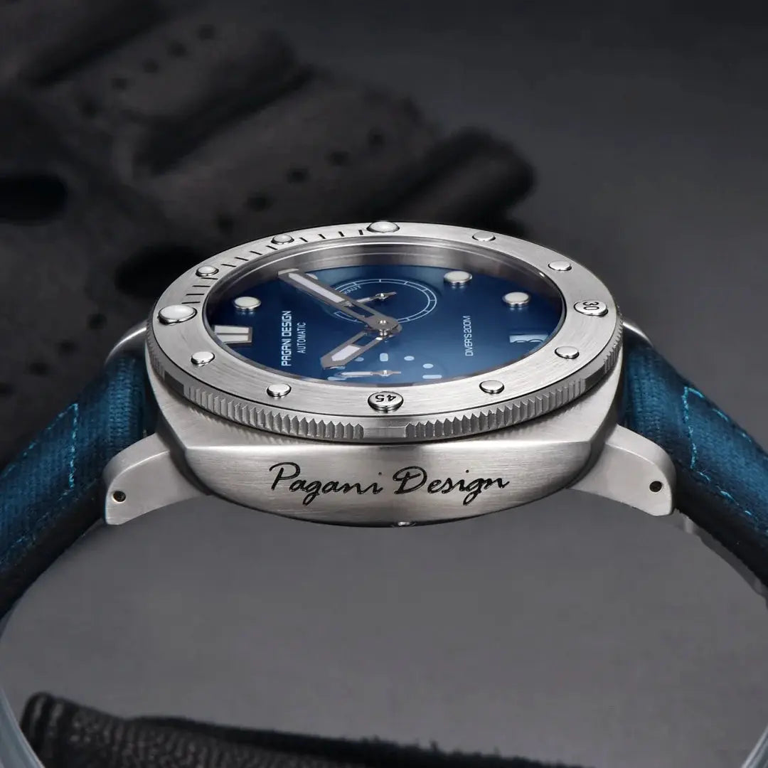 PAGANI Design men's automatic watch with blue dial, stainless steel case, AR sapphire, 200M water resistant, blue strap