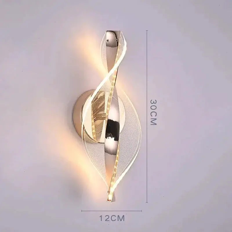 Nordic LED wall lamp by Simples Market, modern twisted ribbon design with warm LEDs, 30 cm tall, 12 cm wide.