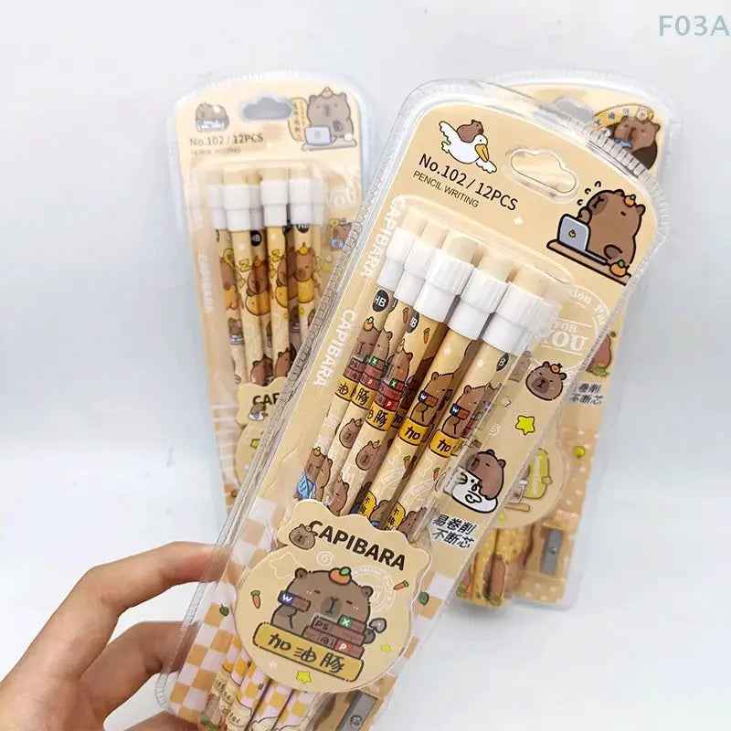 Capybara HB pencil set, 12pcs with erasers in clear pack; cute cartoon design, two packs shown