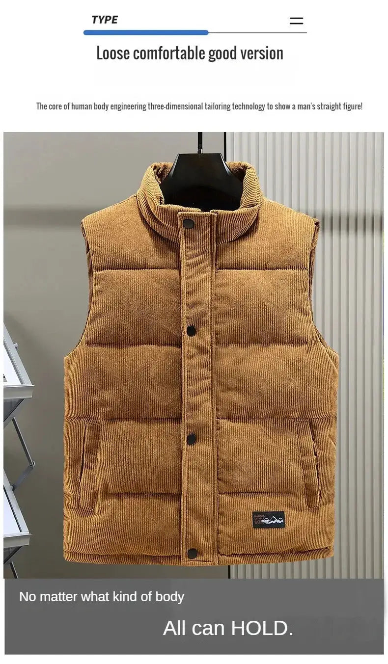 Brown corduroy padded vest for men with stand collar, snap-front closure, sleeveless design and two side pockets.