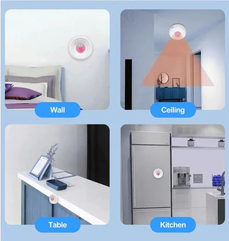 Simples Market Tuya WiFi PIR motion sensor; round white security device for wall, ceiling, table or kitchen