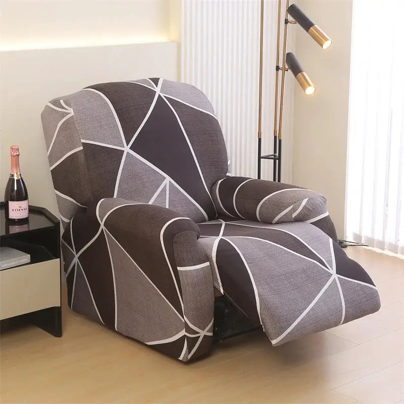 Recliner chair cover in grey geometric pattern with white lines, stretch fabric