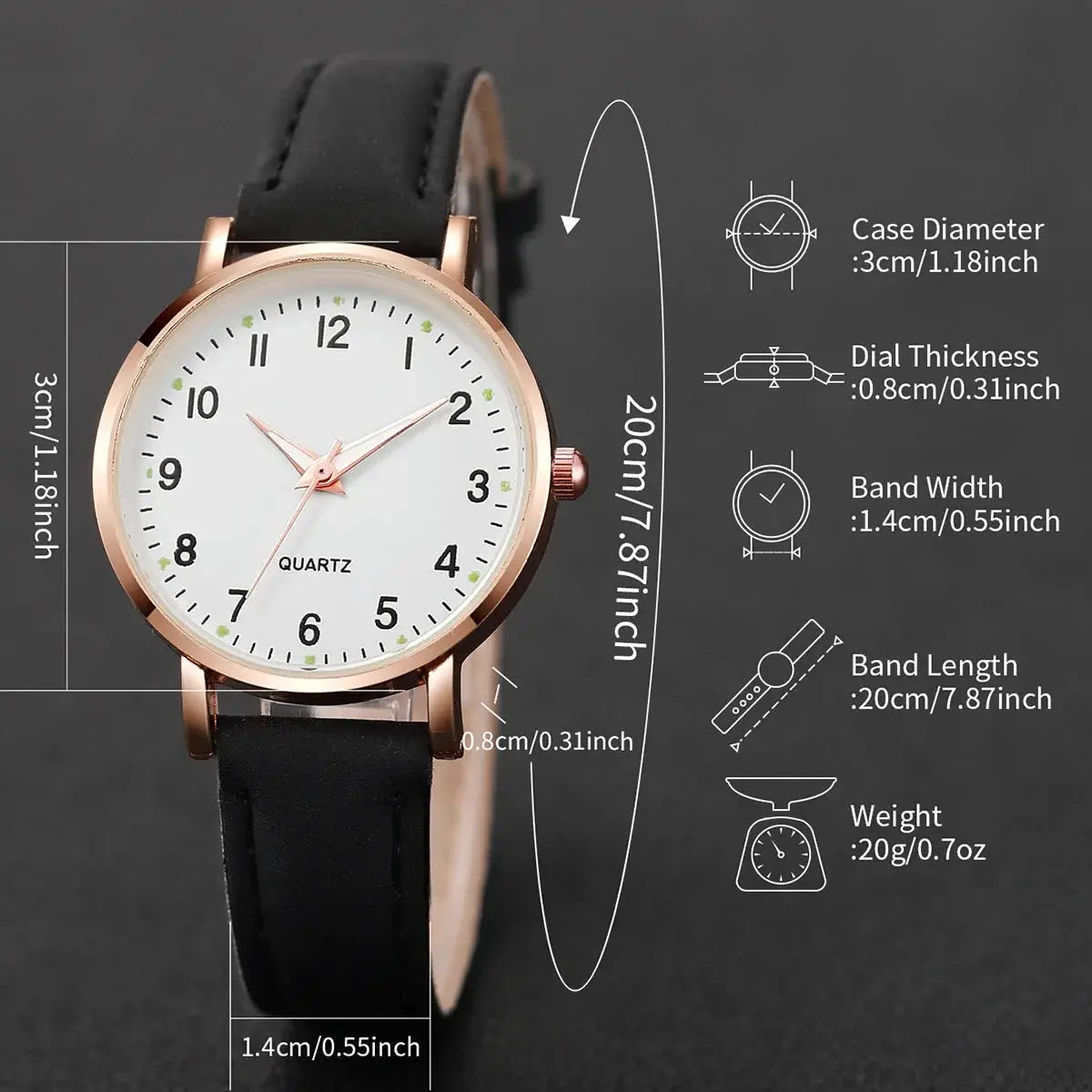 Women's quartz wristwatch with rose-gold case and black leather strap