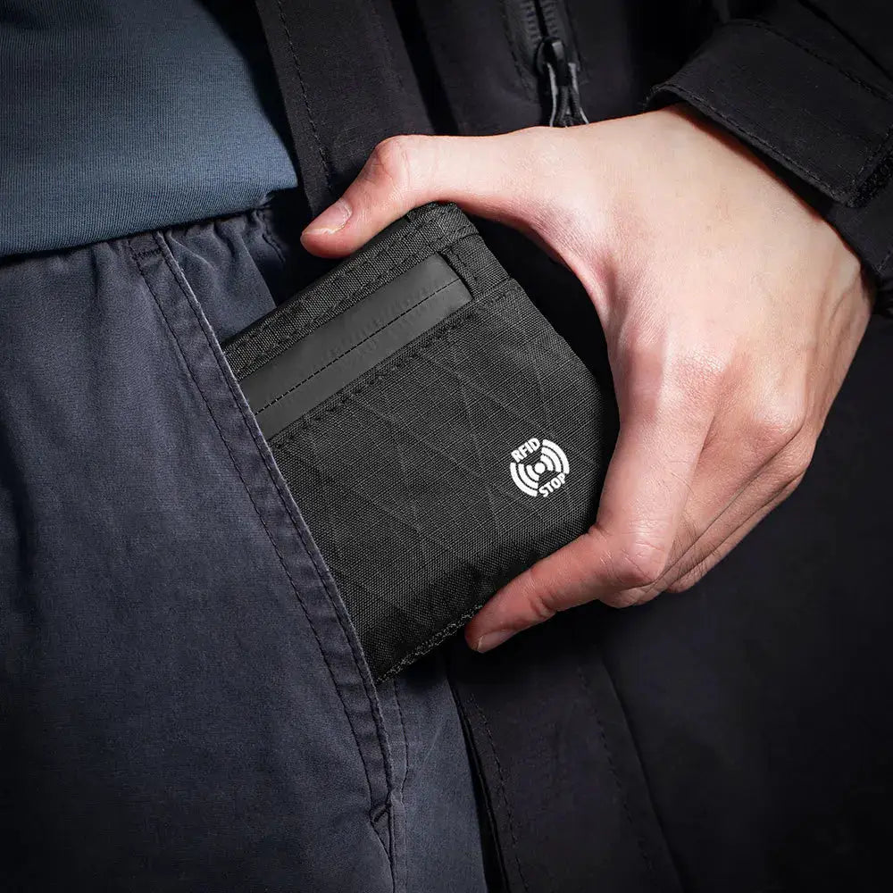 EDC Fashionable RFID anti-theft ultra-thin wallet in black fabric with multi-card slots and RFID STOP emblem.