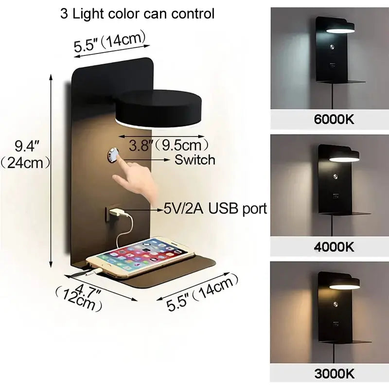 Simples Market bedroom LED wall lamp with USB port and switch; black metal wall sconce with shelf and 3 color temps (3000K/4000K/6000K).