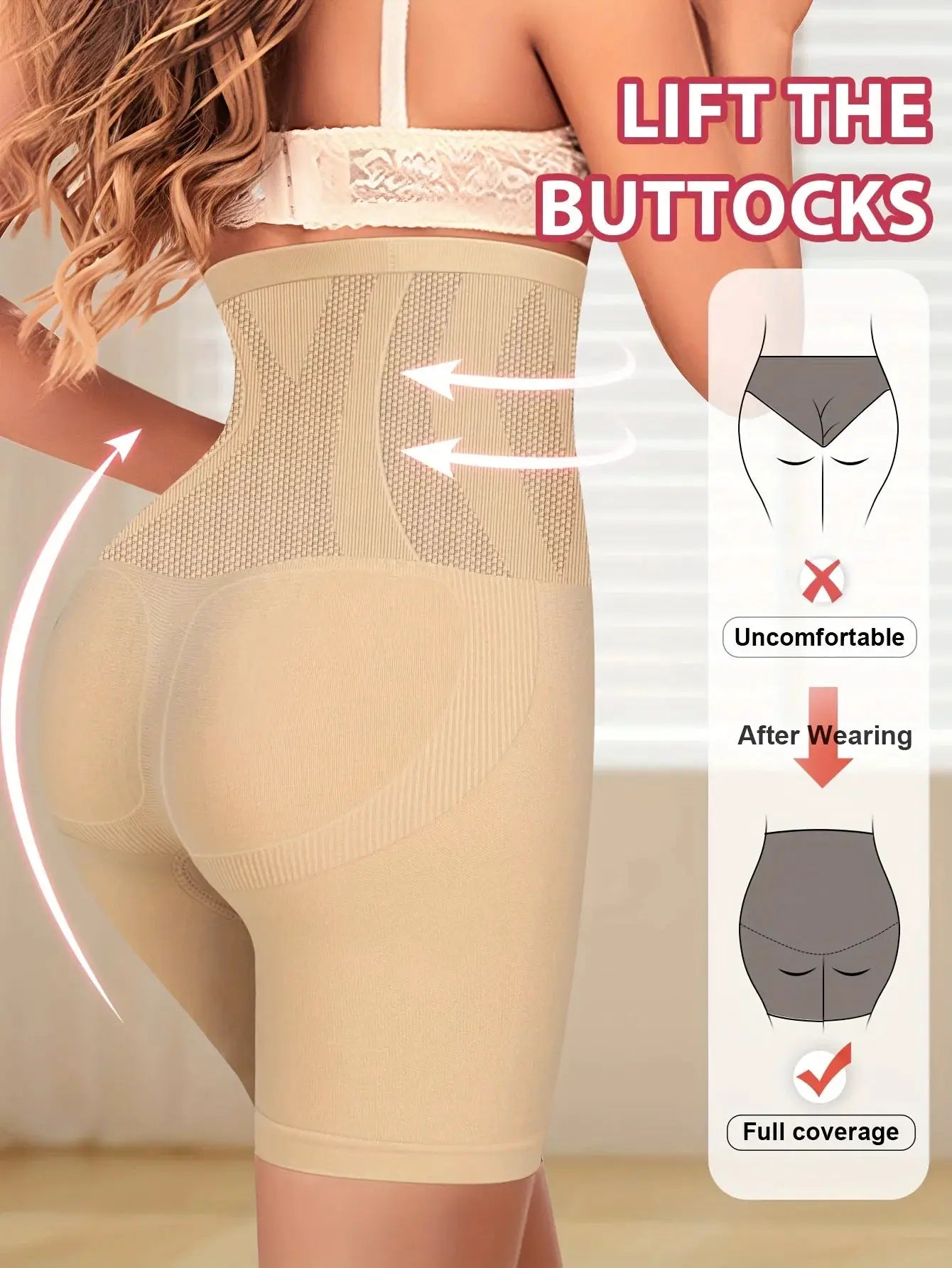 High-waist tummy-contouring seamless panties by Simples Market in beige; full-coverage underwear