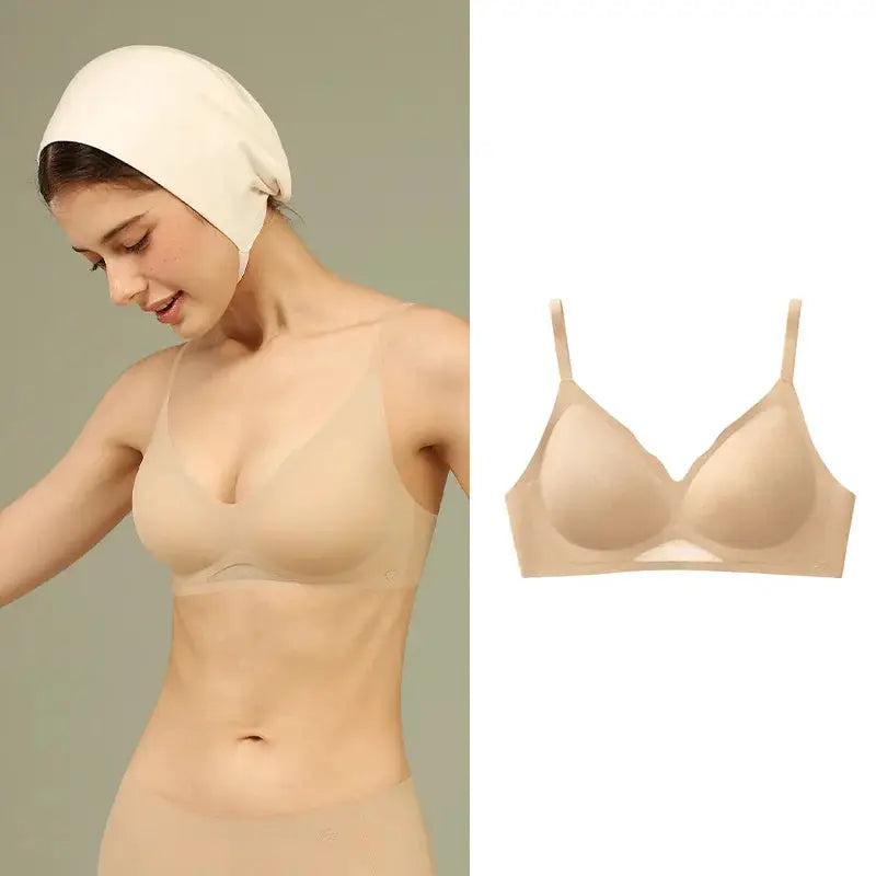 Seamless wireless push-up bra for women, beige nude shade, shown on model and laid-flat.