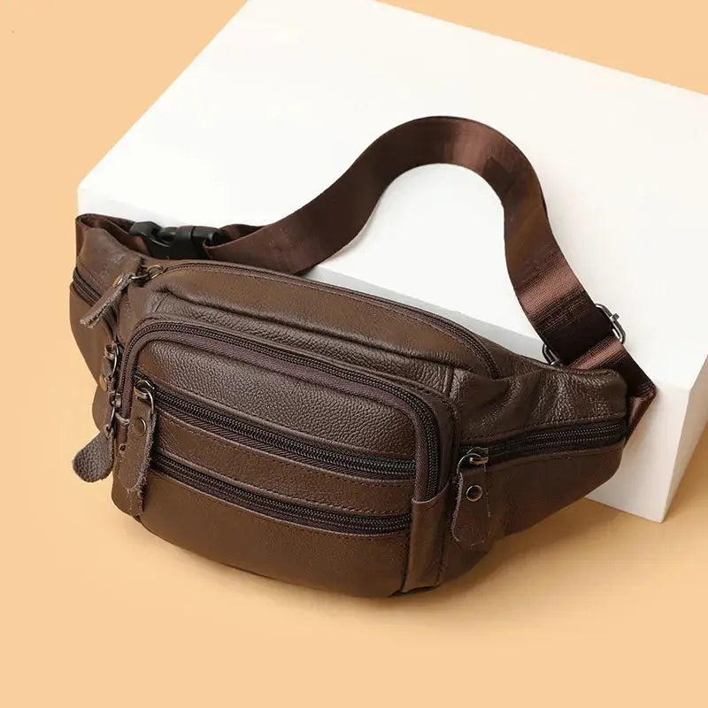 Men's brown genuine leather fanny pack with multiple zip pockets and adjustable strap