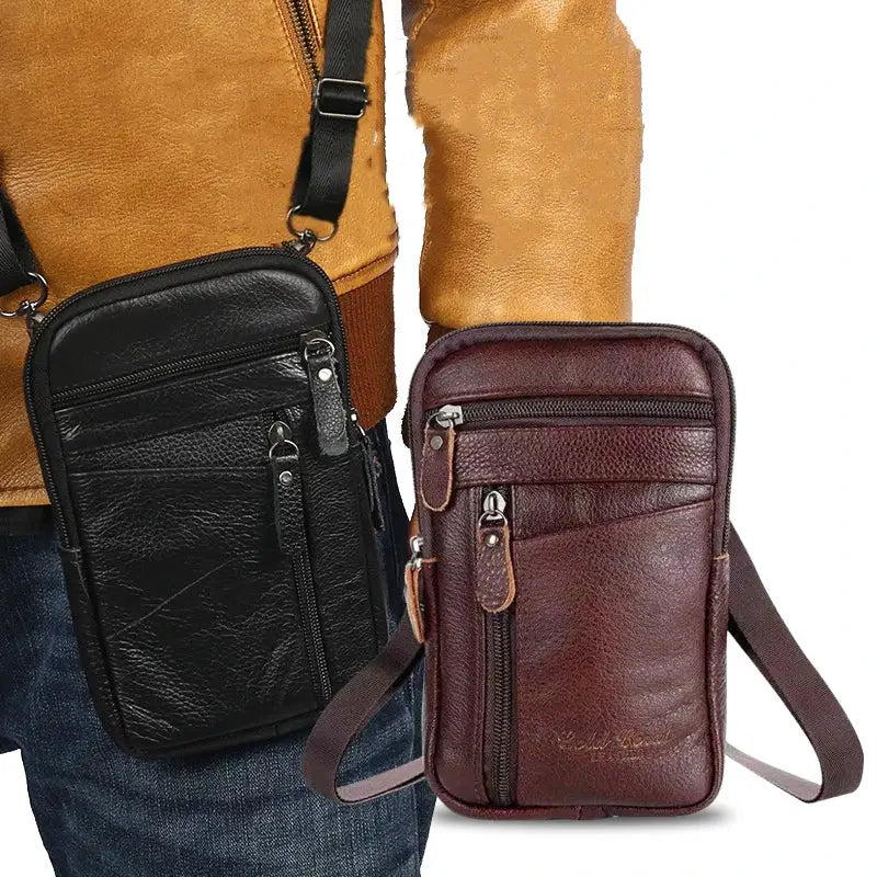 Two men's genuine leather waist bags; black and burgundy crossbody phone pouches by Simples Market
