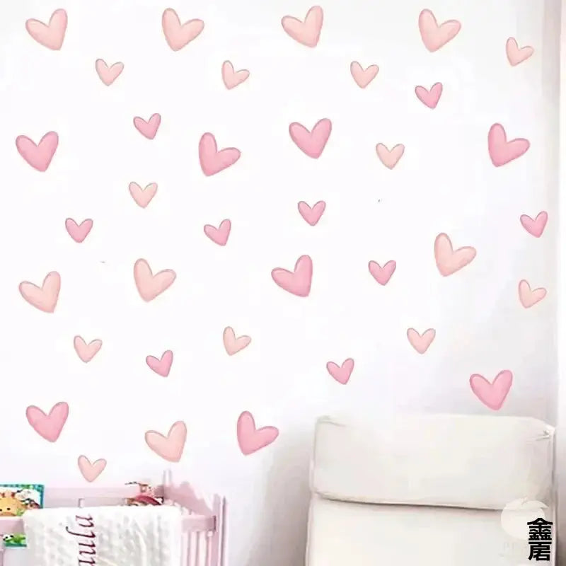 60pcs soft pink heart wall stickers in big and small sizes; waterproof removable PVC decor.